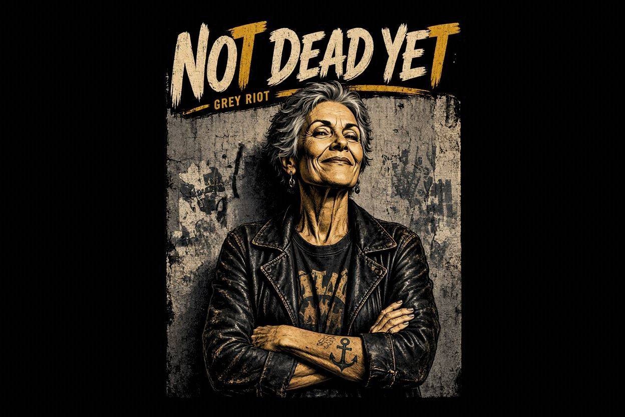 Not Dead Yet design showing an older woman in a leather jacket with a rose tattoo, arms crossed, under the Grey Riot wordmark.