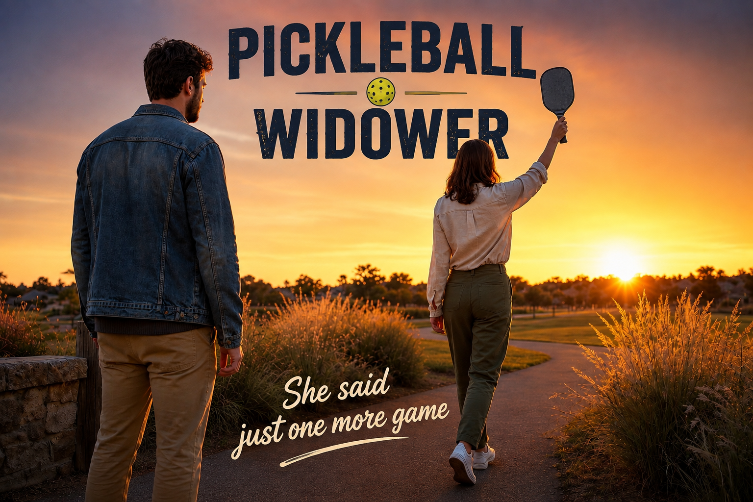 Pickleball Widower design showing a man walking behind a woman holding a pickleball paddle aloft at sunset, with the caption She said just one more game.