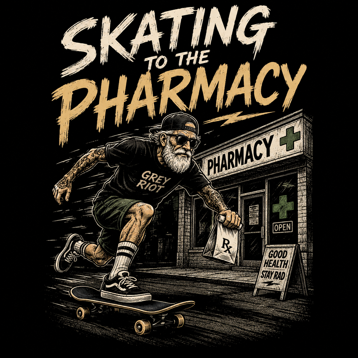 Alternate illustration of a bearded, tattooed older man skateboarding past a pharmacy, in the Grey Riot Skating to the Pharmacy design.