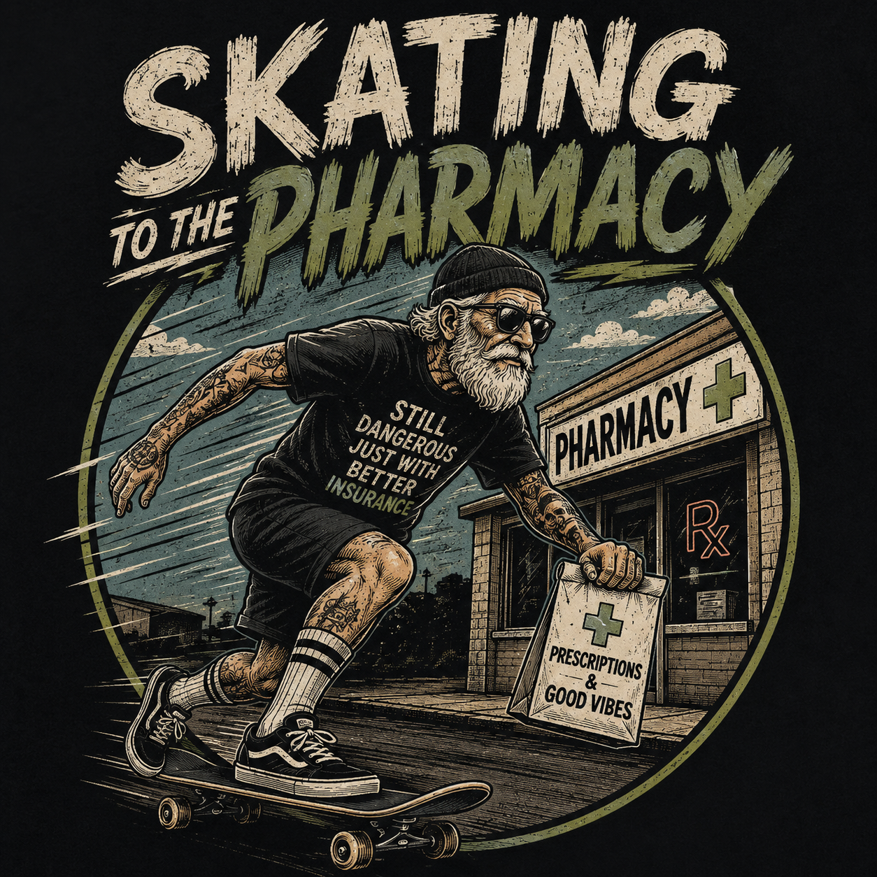 Illustration of a tattooed, bearded older man on a skateboard outside a pharmacy, wearing a Grey Riot t-shirt, from the Skating to the Pharmacy design.